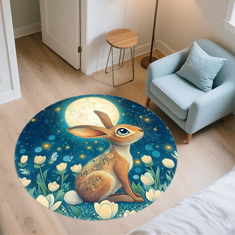 Flower Rabbit,Round Area Rug,Carpet Rug for Living Room Bedroom Sofa Playroom Decor,Non-slip Floor Mat