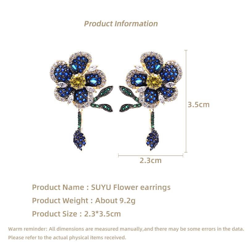 SUYU Earrings With Micro Inlay Of Colored Cubic Zirconia Flexible Leaves, Elegant Earrings Three-Dimensional Flower Earrings