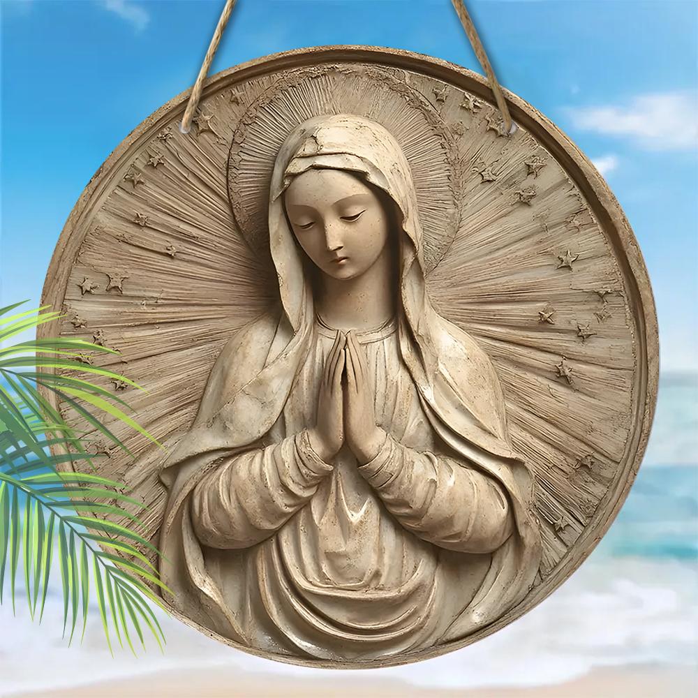 Biddende Maagd Maria Rond Houten Hangbord, 2D Platte Geprinte Religieuze Muur Deur Ornament, Katholieke Huisdecoratie Cadeau