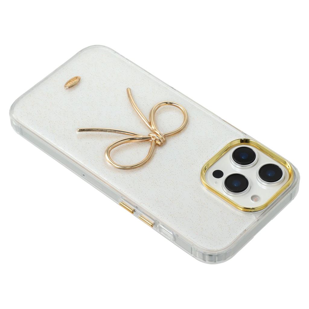 For iPhone 16 Pro Case Gold Bow Epoxy Design TPU+PC Phone Back Cover