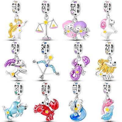 925 Silver Zodiac Charm Beads for Bracelet Necklace Jewelry Making Women Gift 12 Signs Series Pendant DIY