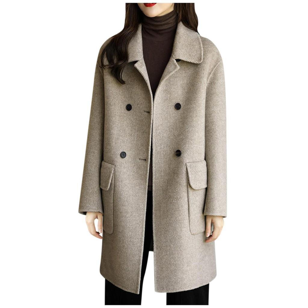 Cappotto di lana da donna, tinta unita, a maniche lunghe, doppiopetto, di media lunghezza, con tasche