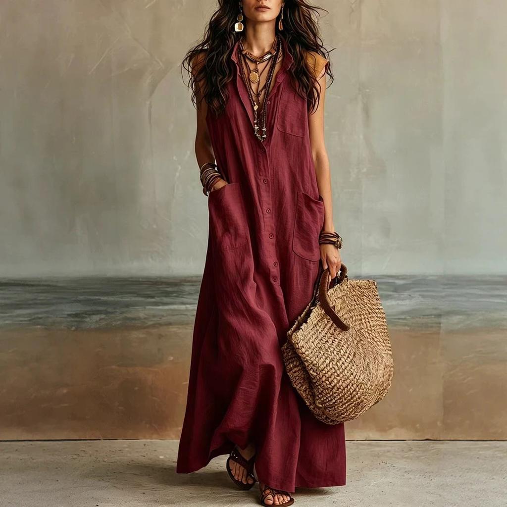 Women Sleeveless Bohemian Button Down Pocket Casual Long Shirt Dress Lightweight Loose Fit Summer Maxi Dress