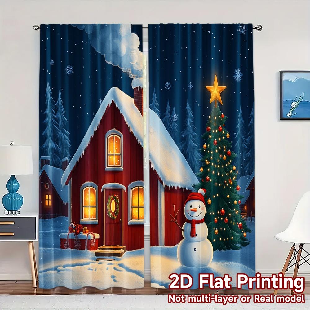 

Curtains Christmas Cabin Snowman Tree Popular Print Versatile Fabric Decorations Home Use Set Of 2 Made Polyester W100*H70(CM)-Hooks&1PCS
