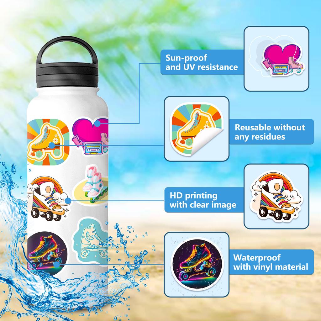 50Pcs Roller Skates Stickers Waterproof Reusable DIY Decals for Phone Laptop Tablet