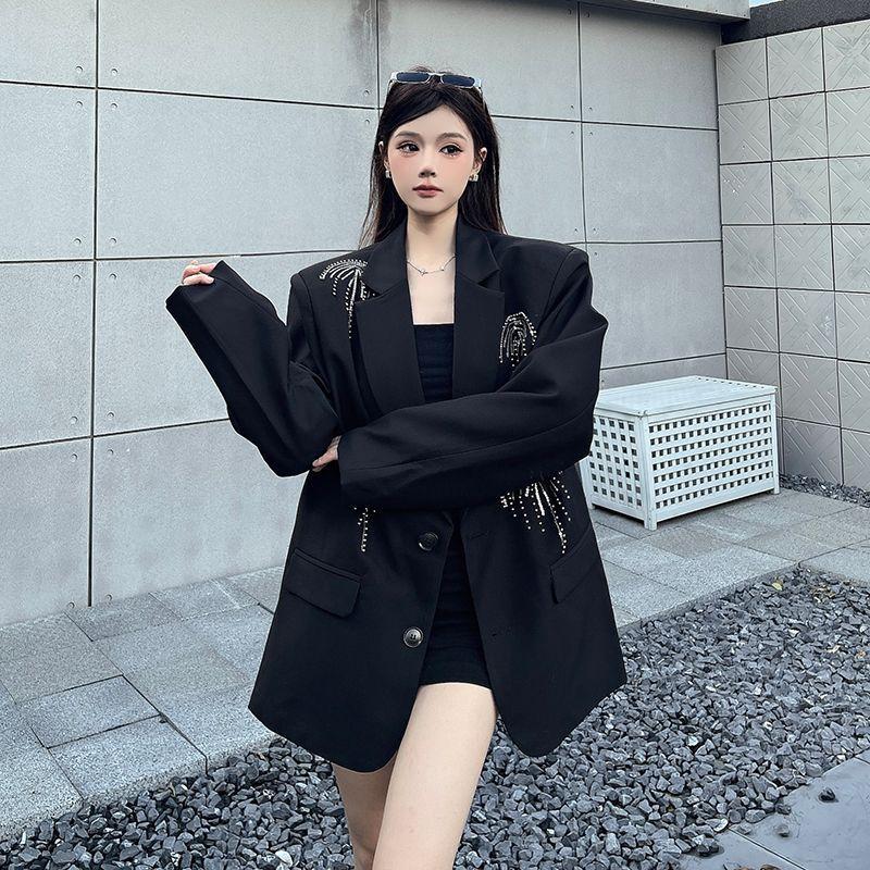 Primavera Otoño Mujer Gama Alta Personalizado Negro Americana Hombreras Suelta Manga Larga Diseñador Detalle de Pedrería Estilo Nicho Traje Ropa Exterior