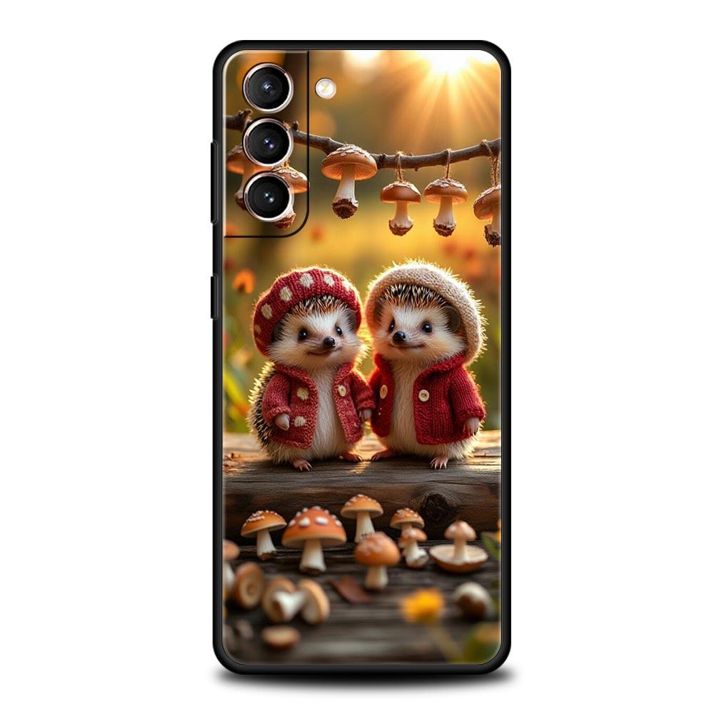 Autumn Cute Hedgehog Design Phone Case For Samsung Galaxy S26 Ultra S25 Plus S24 FE S23 S22 5G S21 S20 Cover Black Soft
