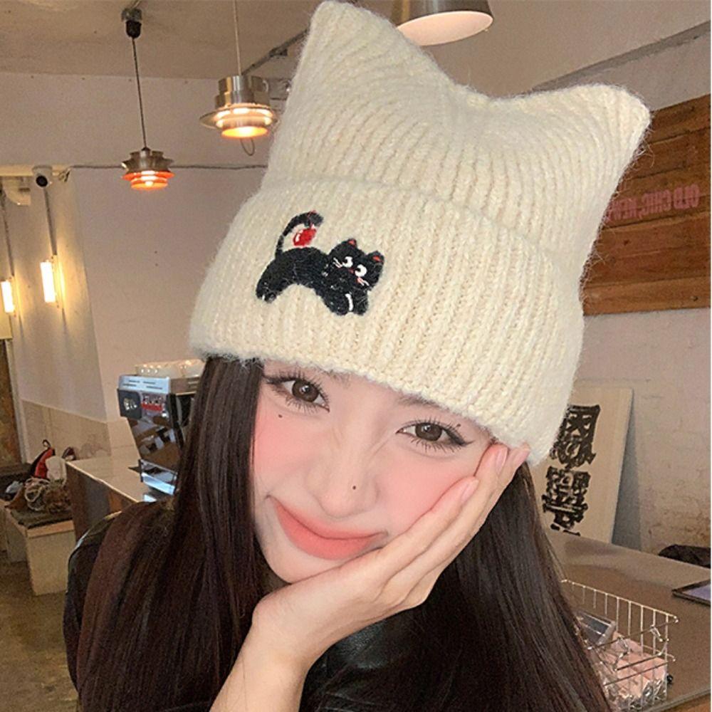 Embroidered Cat Cat's Ears Knitted Hat Soft Woolen Hat Sweet Warm Cap  Outdoor