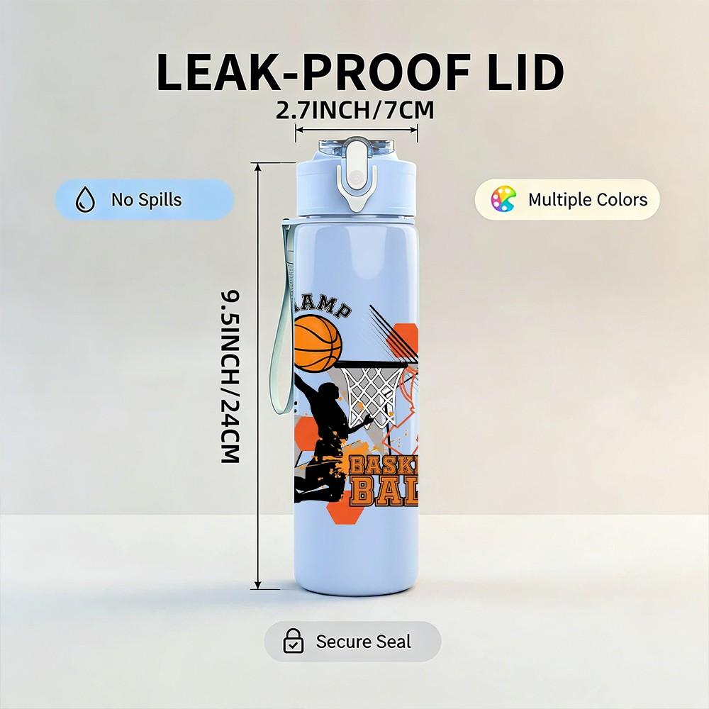 1PC Basketball Sports Logo Print 750ml Color Plastic Sports Water Bottle Leakproof Flip Straw Lid Suitable for Sports Office Home Use