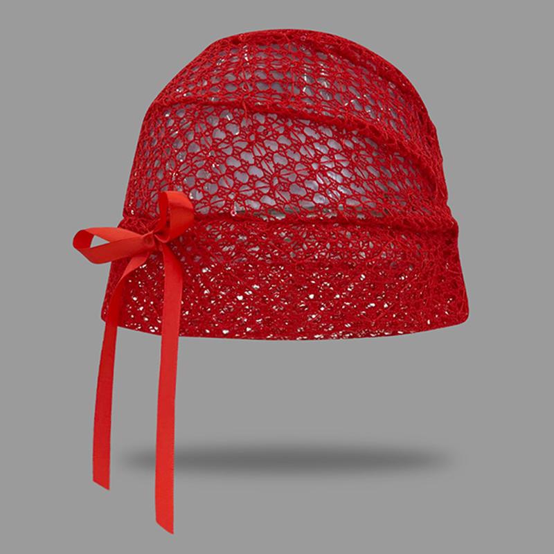 

Нишевая литературная черная кружевная вязаная шапка для женщин, летняя повседневная универсальная с бантом, полая дышащая шапка-бини M（56-58cm） красный