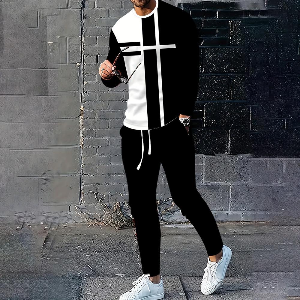 Autumn Men's Long Sleeve Pullover Sweatshirt 2 Piece Outfits Striped Print TShirts Tracksuit Set Drawstring Waist Jogger Set