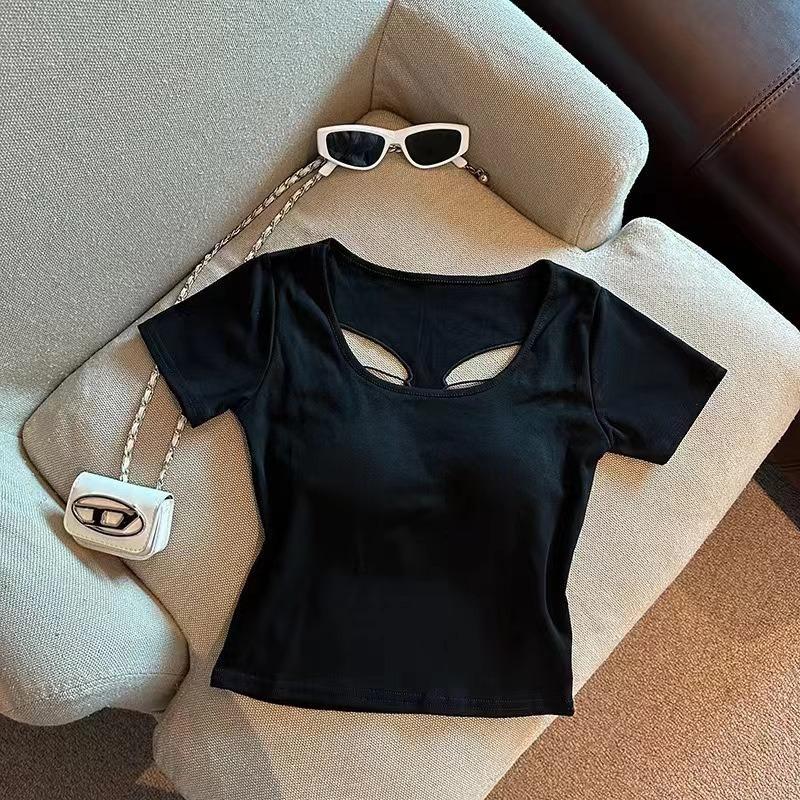 

Футболка из хлопка с короткими рукавами и вышивкой в виде ажурного банта на плече, женская летняя укороченная короткая утягивающая футболка Spice Top One size