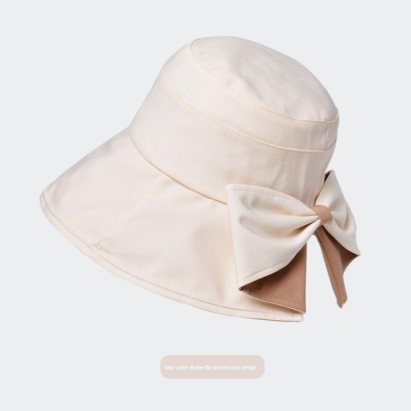 

8169 Summer Bow Fisherman Hat Two-Color Outdoor Play Sunshade Sun Protection Hat Fashion All-Matching Broad-Brimmed Hat Children Two-color Bows-beige