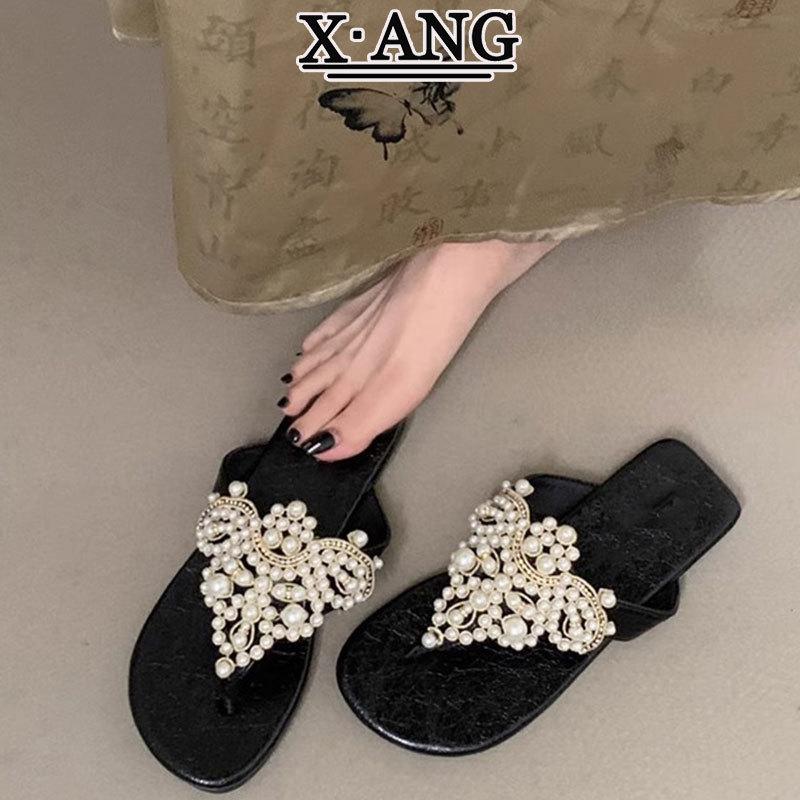 

Sheepskin version of rhinestone pearl toe flat bottom slippers female summer wear fairy style with skirt beach flip-flops 35