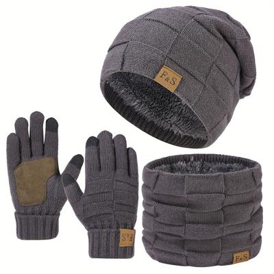 3-Piece Winter Set, Unisex Knitted Beanie, Scarf, and Touch Screen Gloves, Fashionable Fleece-Lined Earflap Cap, Men's and Women