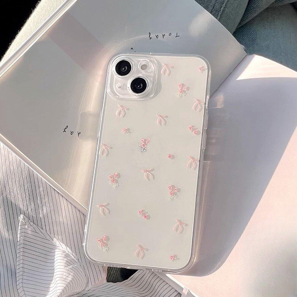 Cute Pink Heart Bow Case For iPhone 15 Pro Max 14 11 12 13 Mini XR XS 7 8 6 6S Plus SE Shockproof Soft Clear Phone Cases Coque