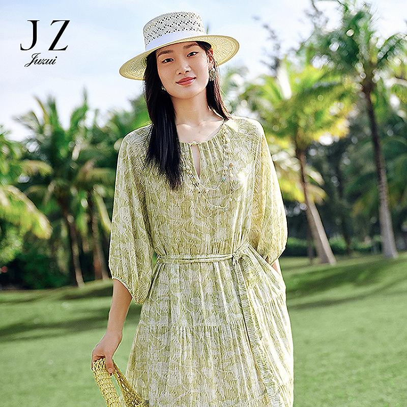 [Green Sound Skirt] Jiuzi Anna Kou Rural Style Relaxing Plant Printed Dress 2025 Summer New Style