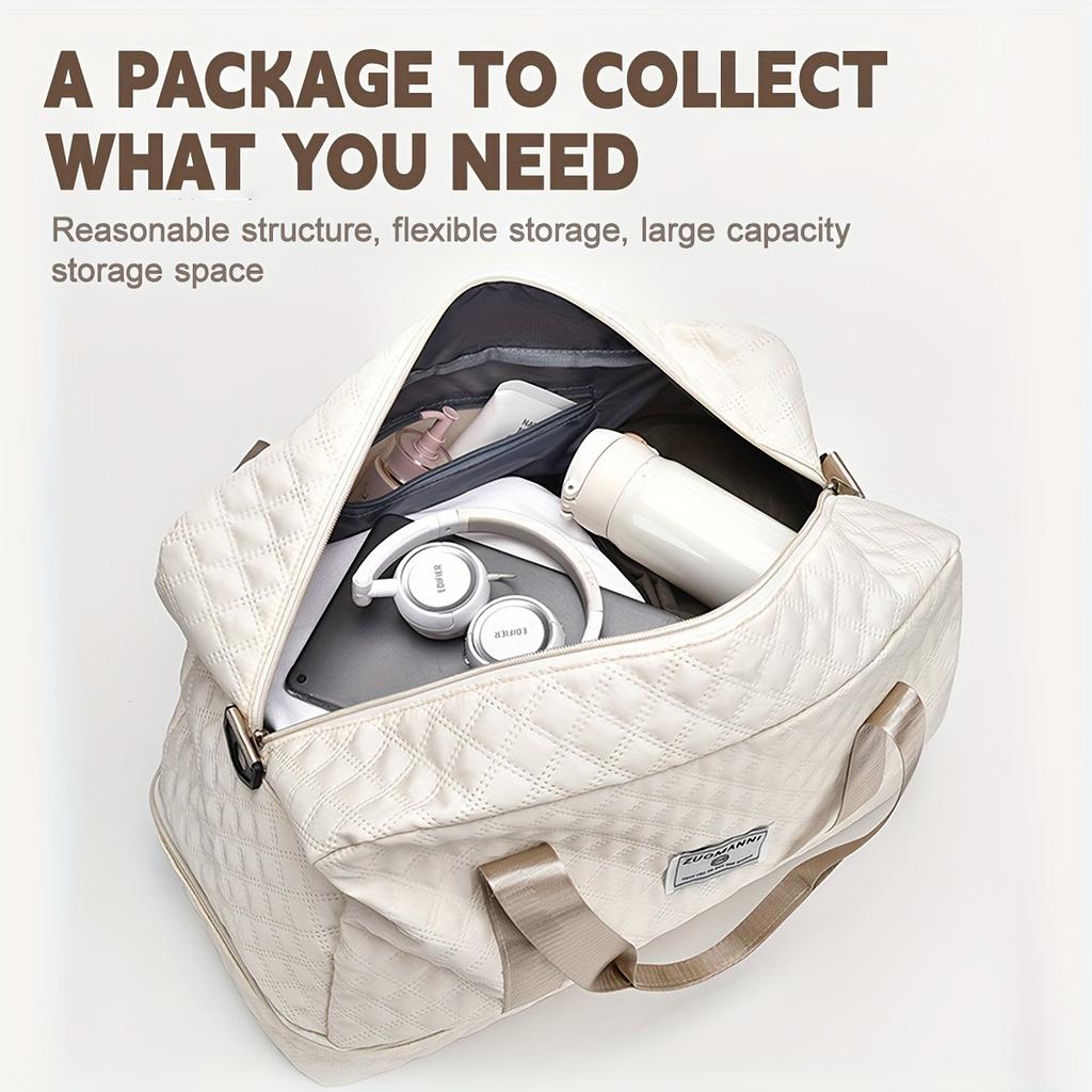 Oxford Fabric Travel Duffle Bag Quilted Design with Zippered Compartment and Adjustable Shoulder Strap