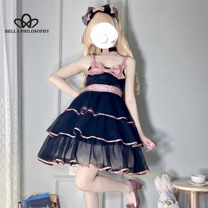 Lolita Guardian Sweetheart Bow Cake Dress Słodka JK Pończoch Drukuj Siatka Bufiasta sukienka księżniczki Kobieta