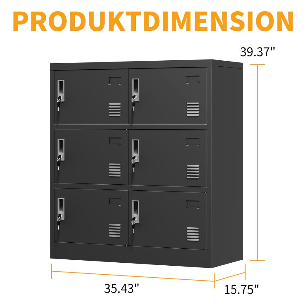 6-Door Metal Cabinets for Office, Gym, School & Home - Secure Storage Cabinet with Card Slot (Black). H 100 cm × B 90 cm × T 40 cm