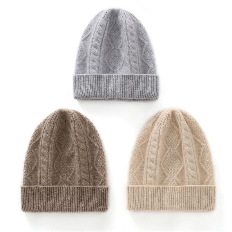 Kids' Medium/Large College Style Cashmere Wool Hat - Diamond Pattern, Solid Color, Autumn/Winter Warm Heavy Knit