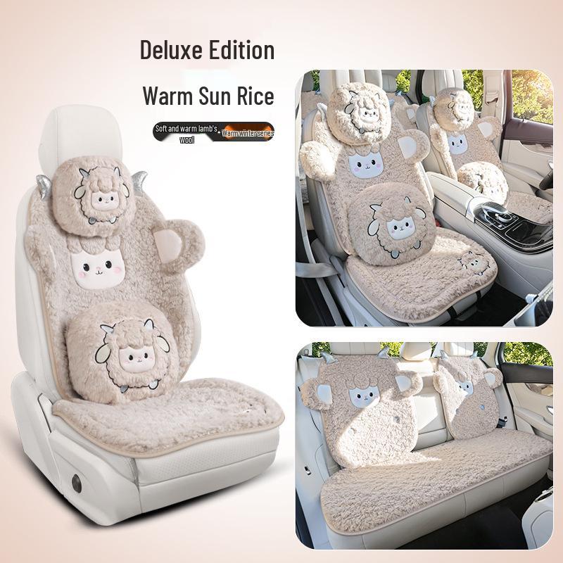 Women's Cute Cartoon Plush Winter 3-Piece Car Seat Cushion Set for Five-Seat Vehicles