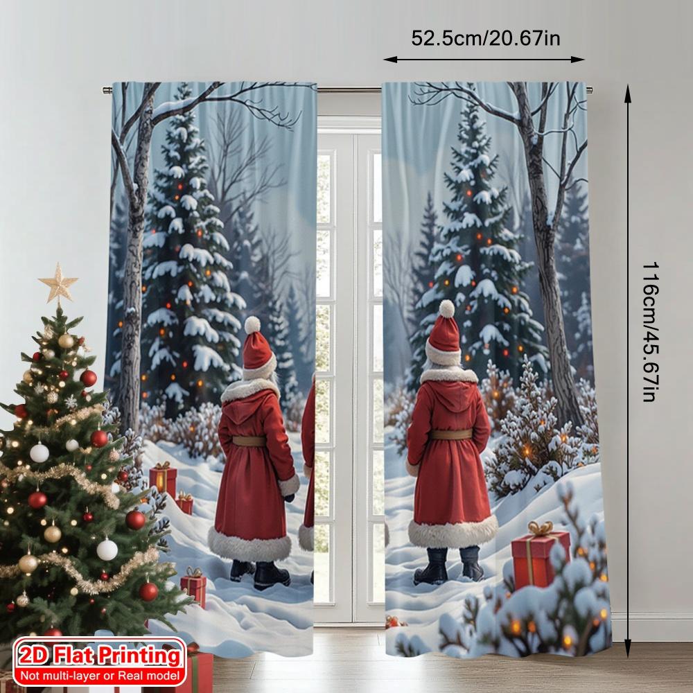 2pcs 2D Flat Printing Merry Christmas Curtains Christmas Gnomes Forest Lanterns Polyester Without Electricity Festive Holiday