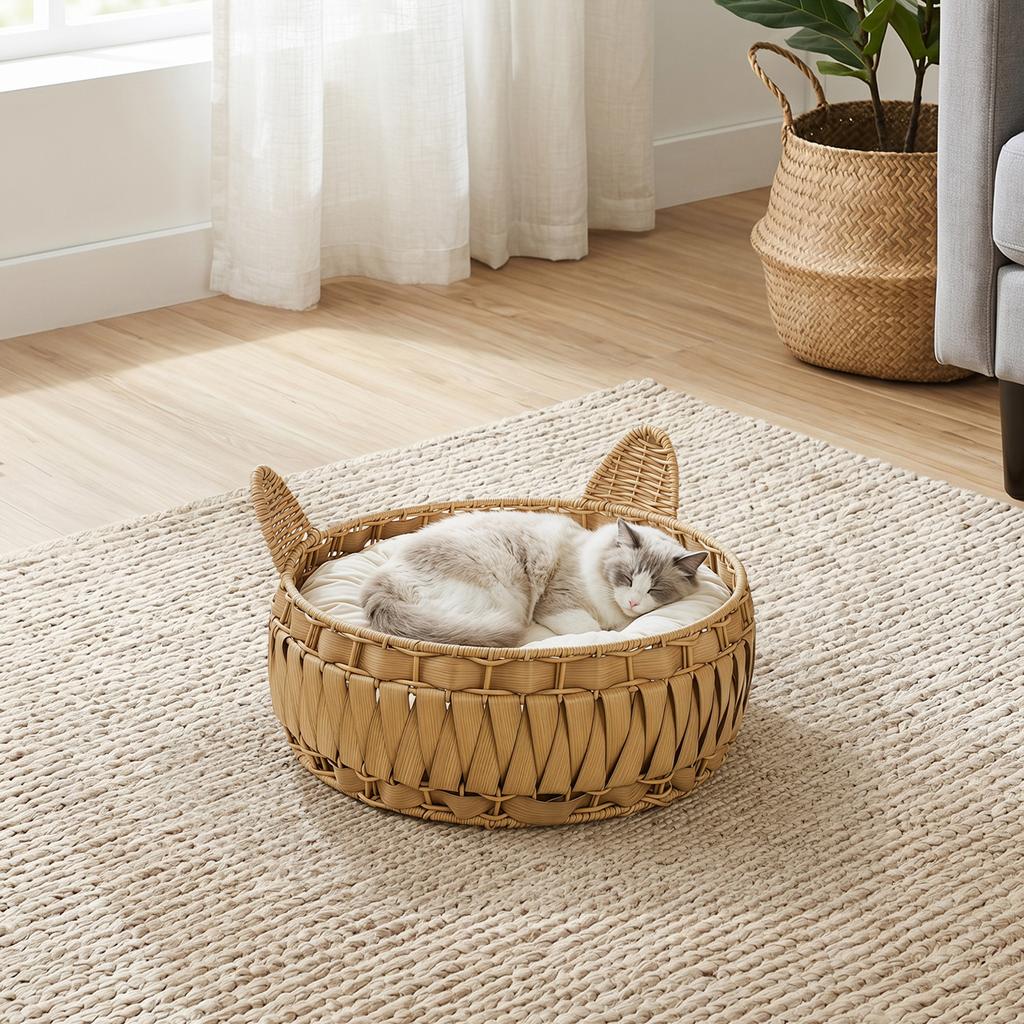 Cat Bed Rattan Cat Cave with Removable Cushion, Cat Basket for Cats Up To 10 Kg, 50 X 50 X 25 Cm, Light Brown
