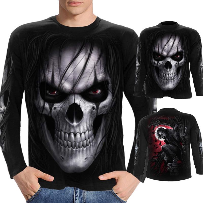 Herren Langarm T-Shirt Gothic Totenkopf Drache Wikinger 3D Druck Halloween Tägliche Party Oberteile