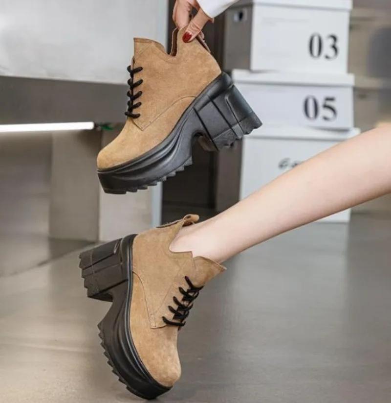 Fashion 9CM Suede Leather Spring Chunky Heel Ankle Boots Platform Wedge New Autumn Women Vulcanized Increase Casual High Heels ZIP Shoes