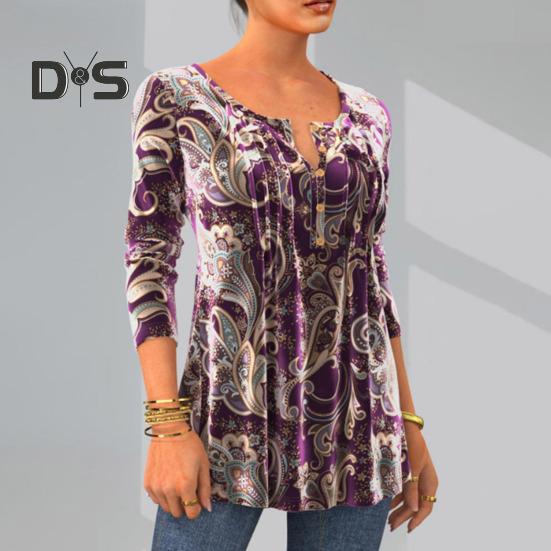 Women Fall Spring Top Vintage Print Round Neck Long Sleeve Button Mid Length A line Soft Pullover Lady Daily Blouse T shirt