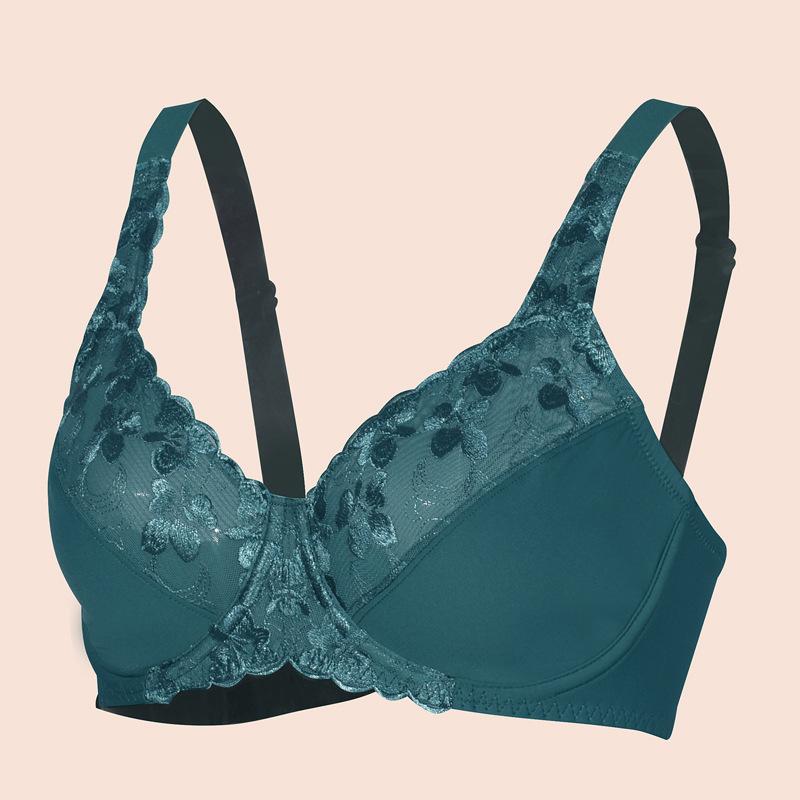 European and American Fresh Dark Green Exquisite Embroidery Underwear Ultra-thin Large Size Full Cup Bra