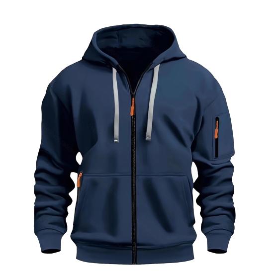 Men Coat Long Sleeve Zipper Closure Hooded Sweatshirt with Large Pockets Solid Color Velvet Thickened Warm Outerwear