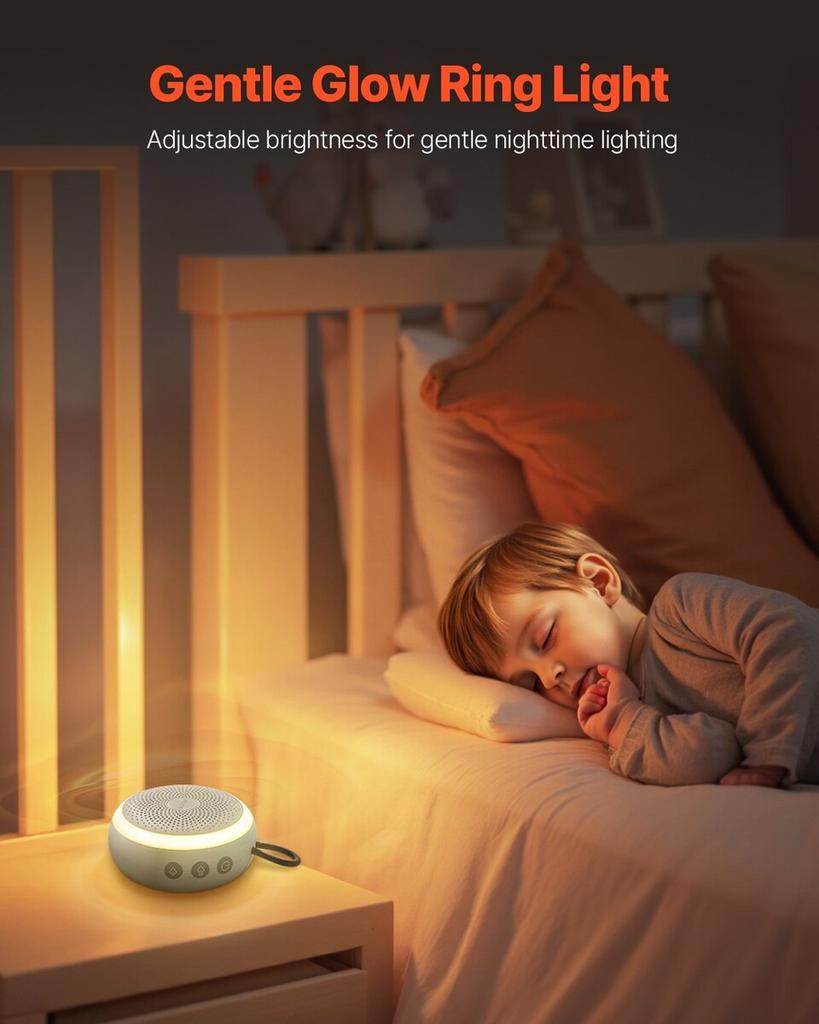 Sound Machine, 20 Soothing Sleep Sounds, 4-in-1 Hangable White Noise Sound Machine with Auto-Off Timer, Soft Ring Light, Memory Function and Child