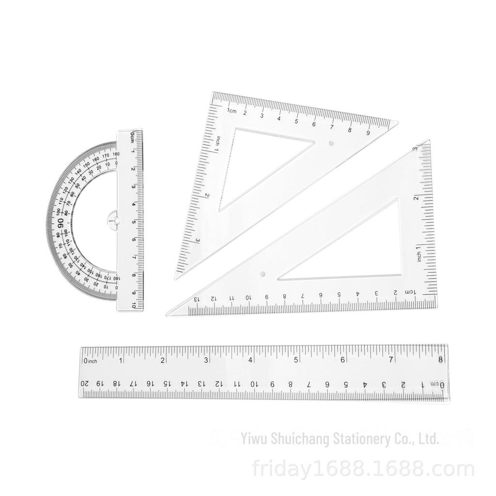 Student 4-Piece Ruler Set: Triangle, Straight, Protractor - Transparent & Durable