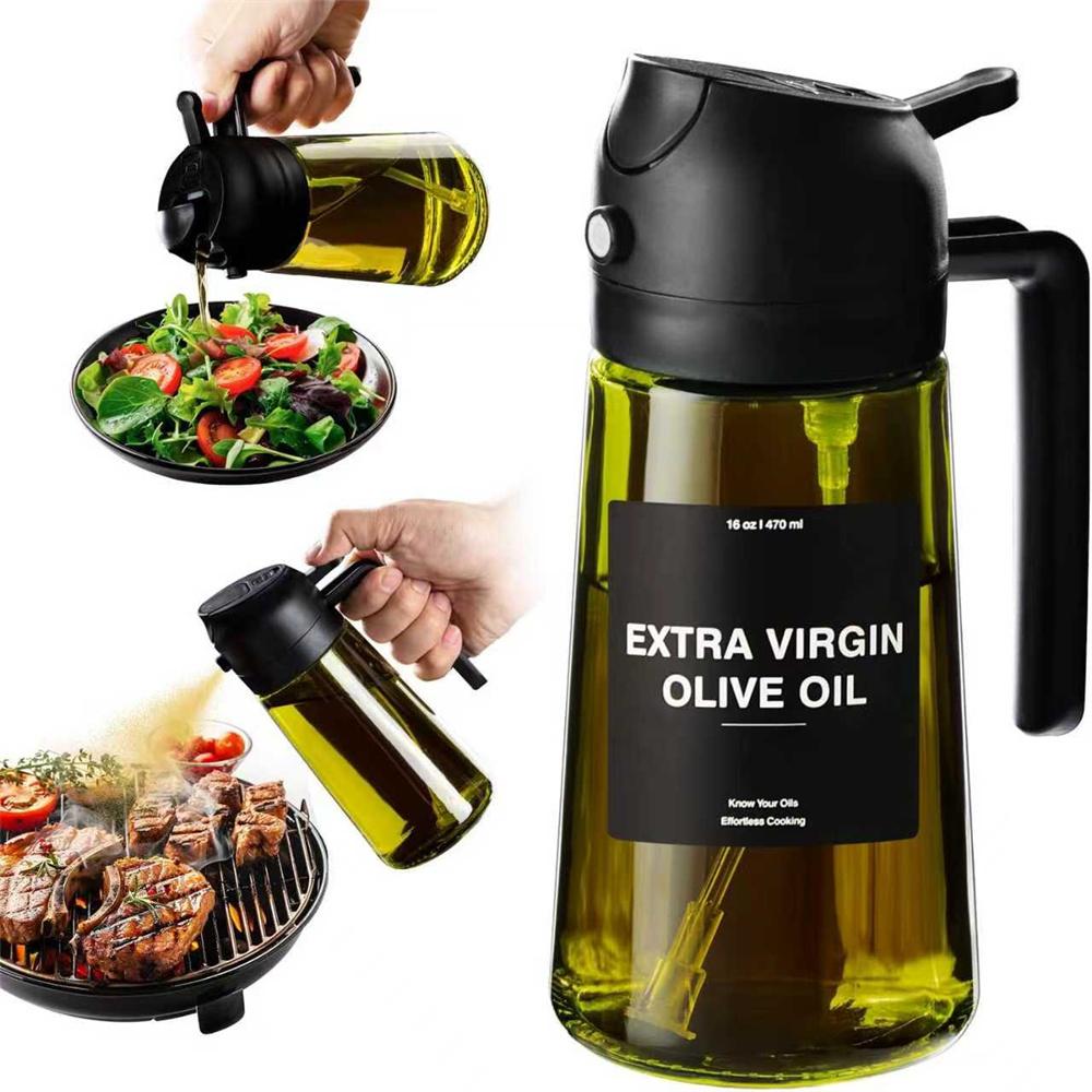 Olive Oil Dispenser,Sprayer for Cooking 2 in 1- Spray and Pour,Dark Green Glass Oil Bottlewith Stickers,16oz/470ml Oil Sprayer 6