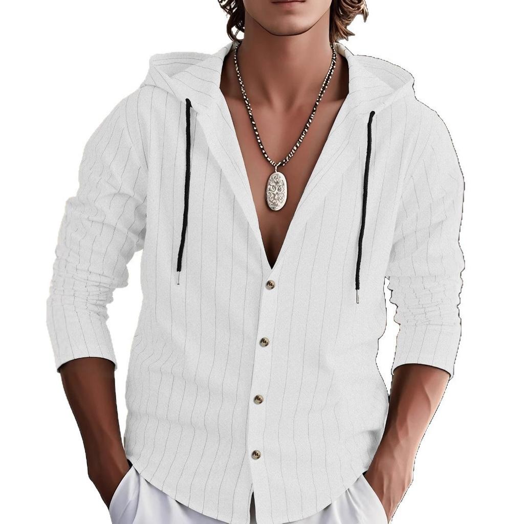 Men’s Long-Sleeved Linen Striped Shirt – New Spring/Autumn Slim-Fit Hooded Casual Shirt for Men