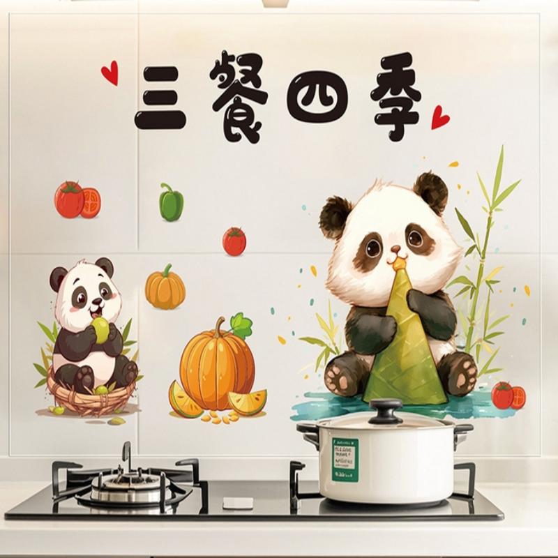 Küche Selbstklebende Ölbeständige Wandaufkleber Niedlicher Panda-Druck Öl Rauch Beständig Fliesenaufkleber Beweis Wasserdichte Tapete