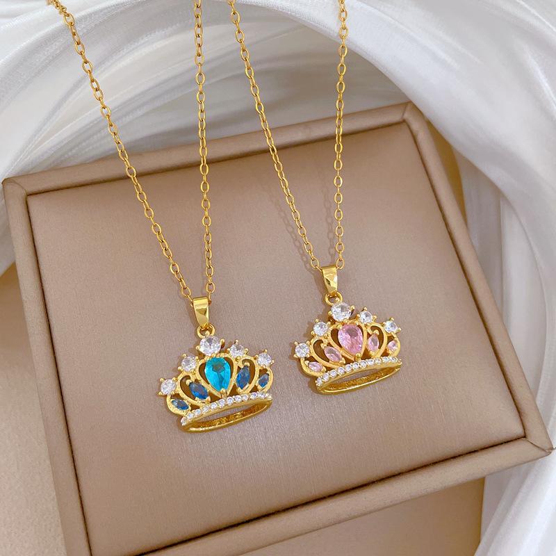 Empty Three-Dimensional Crown Light Luxury Temperament Gorgeous Full Diamond Necklace Female Versatile Collarbone Chain Titanium Steel Chain