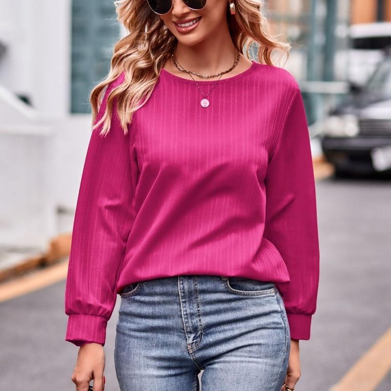 2023 Autumn  Fashion Solid Color Jacquard T-shirts Women Long Sleeve Tops Round Collar Tees Casual Loose Clothes Tshirt 28286