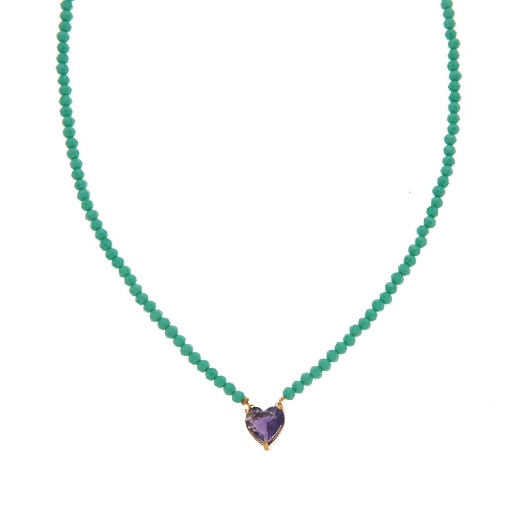 Colorful Geometric Square Beads Crystal Necklace with Zircon Heart Design