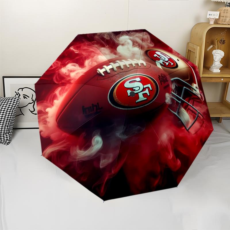 San Francisco 49ers LOGO Print Automatic Umbrella, 8 Rib Iron Frame, Plastic Handle, Suitable for Outdoor Travel &Daily , Ideal Gift