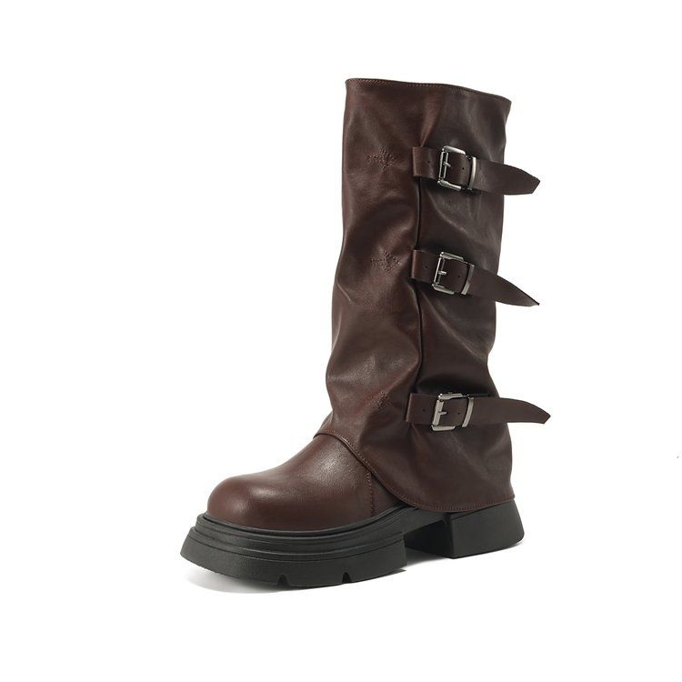 Fashion Leather Platform Mid Calf Shoes Woman Work Trend 2025 Large Size Half High Boots for Women Gyaru Gothic On Offer Waterproof Boot