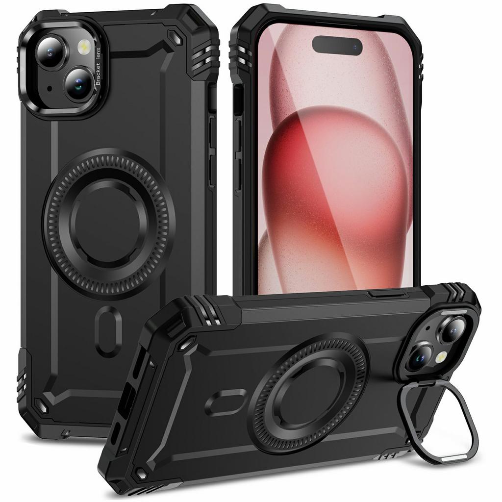 For iPhone 15 Magnetic Case Lens Kickstand PC+TPU Shockproof Phone Cover