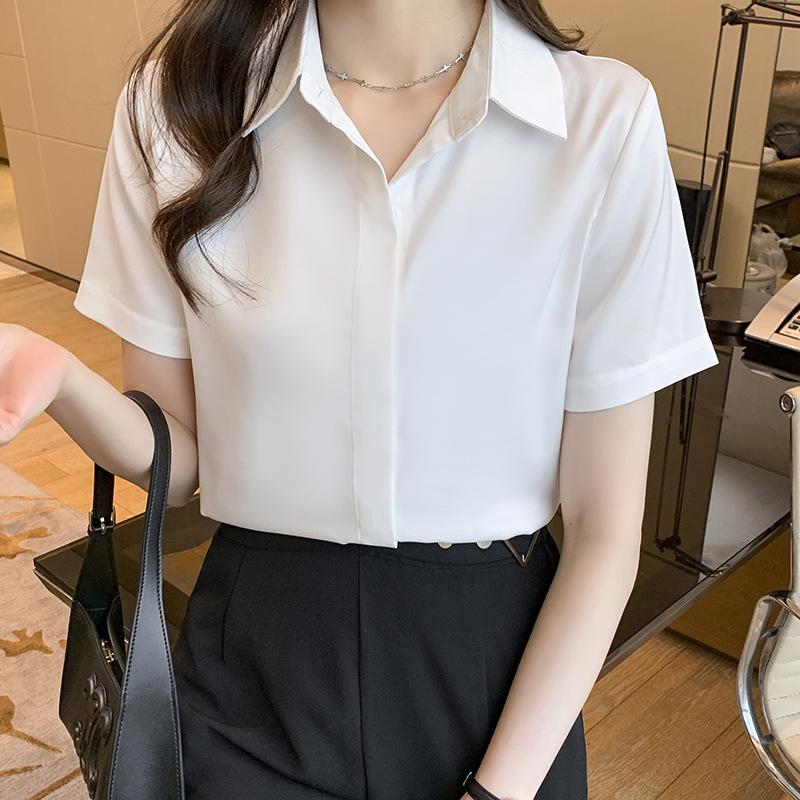2024 Summer Korean Silk Satin Commuter Shirt - Women s Short-Sleeve Solid Color Versatile Blouse XL белый
