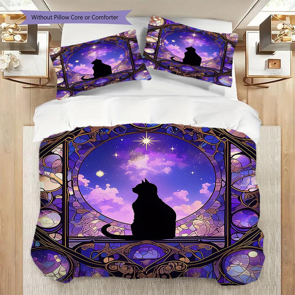 Black Cat Pattern Bedding Quilt Set Quilt Cover Pillowcase Home Decoration Birthday Gift (1 * Duvet Cover + 2 * Pillowcase, Without Core)