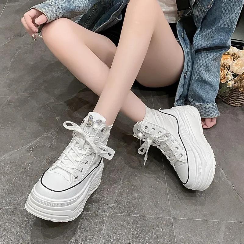 2024 Spring Fashion Women Ankle Boots High Platform Canvas Boots 8CM Wedge Heels Sneakers Woman Autumn Thick Sole Short Boots