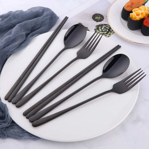 Do Buy Korean Cutlery Set for 2, Chopsticks, Spoon, and Fork, 18-8 Stainless Steel with a Mirror Finish, Black