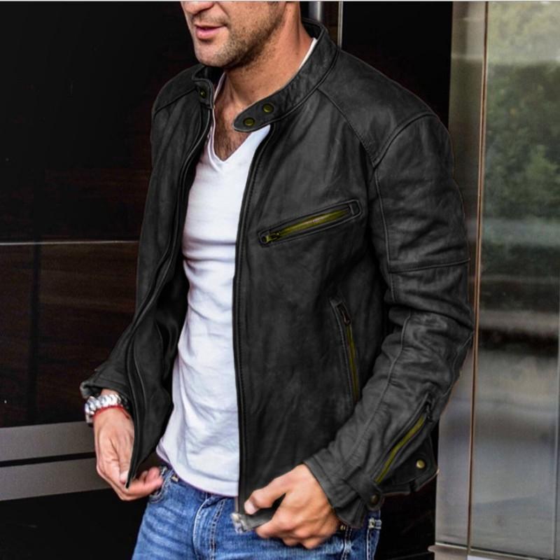 Mens Stand Collar PU Leather Jacket Punk Biker Style Loose Fit Winter Outerwear Young Adults