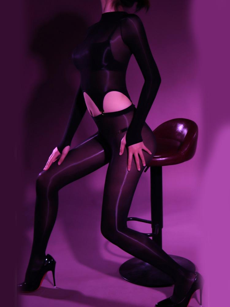 Sexy Women Oil Glossy Shiny Hollow Out Bodysuit Sheer See Through Elastic Cosplay Maid Tightshapping Leotard With Garter